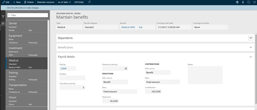 screenshot of benefits management screen