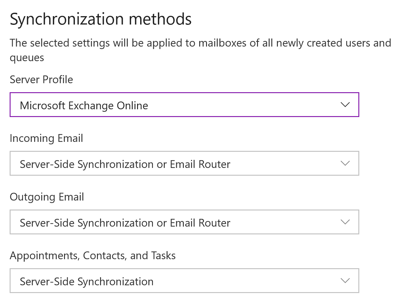 Screenshot showing the synchronization method options