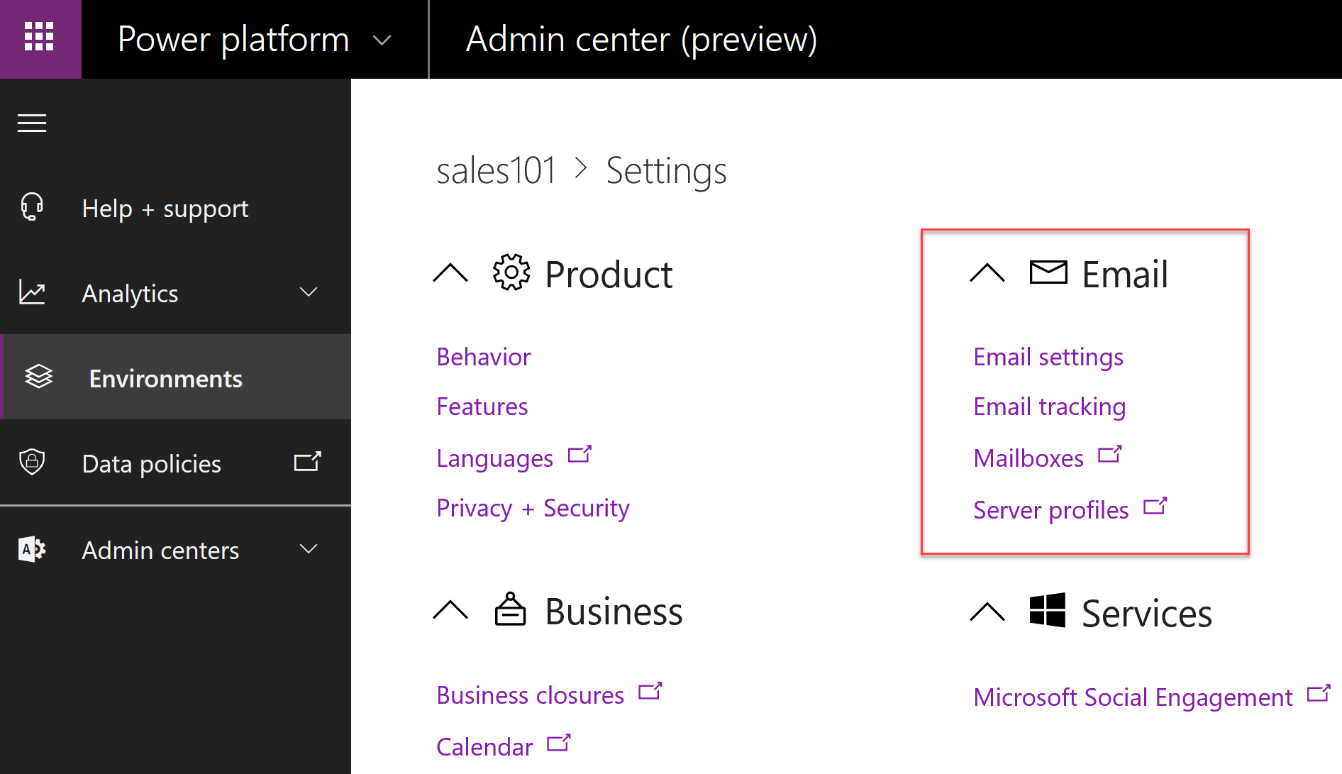 Screenshot showing Microsoft Power Platform Admin Center and the email section