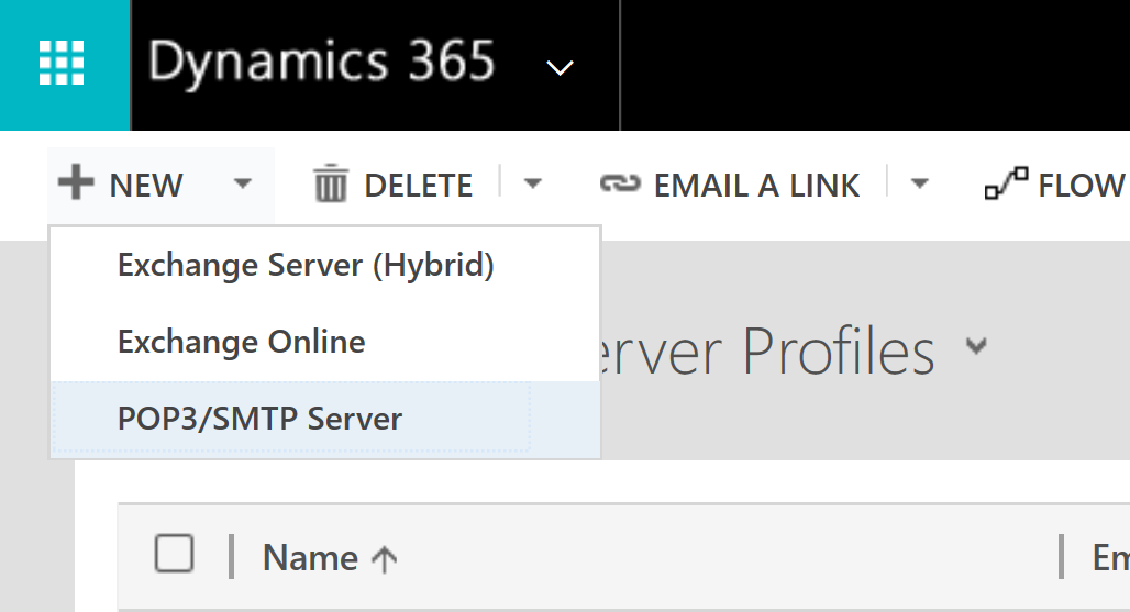 Screenshot showing selecting the POP3/SMTP option in the dropdown menu
