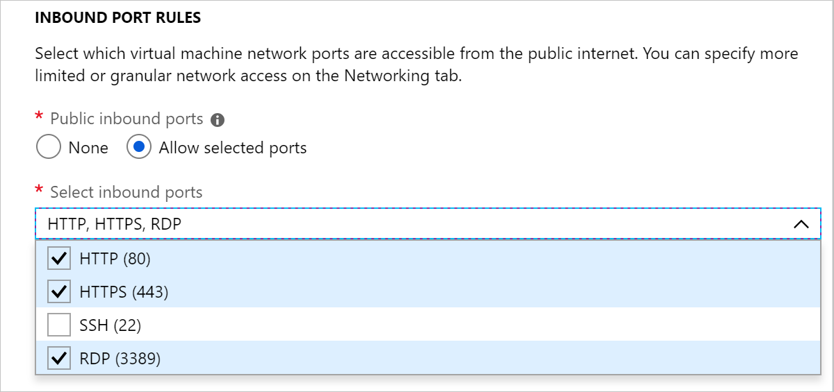 Screenshot of the inbound port rules section that shows HTTP, HTTPS, and RDP selected.