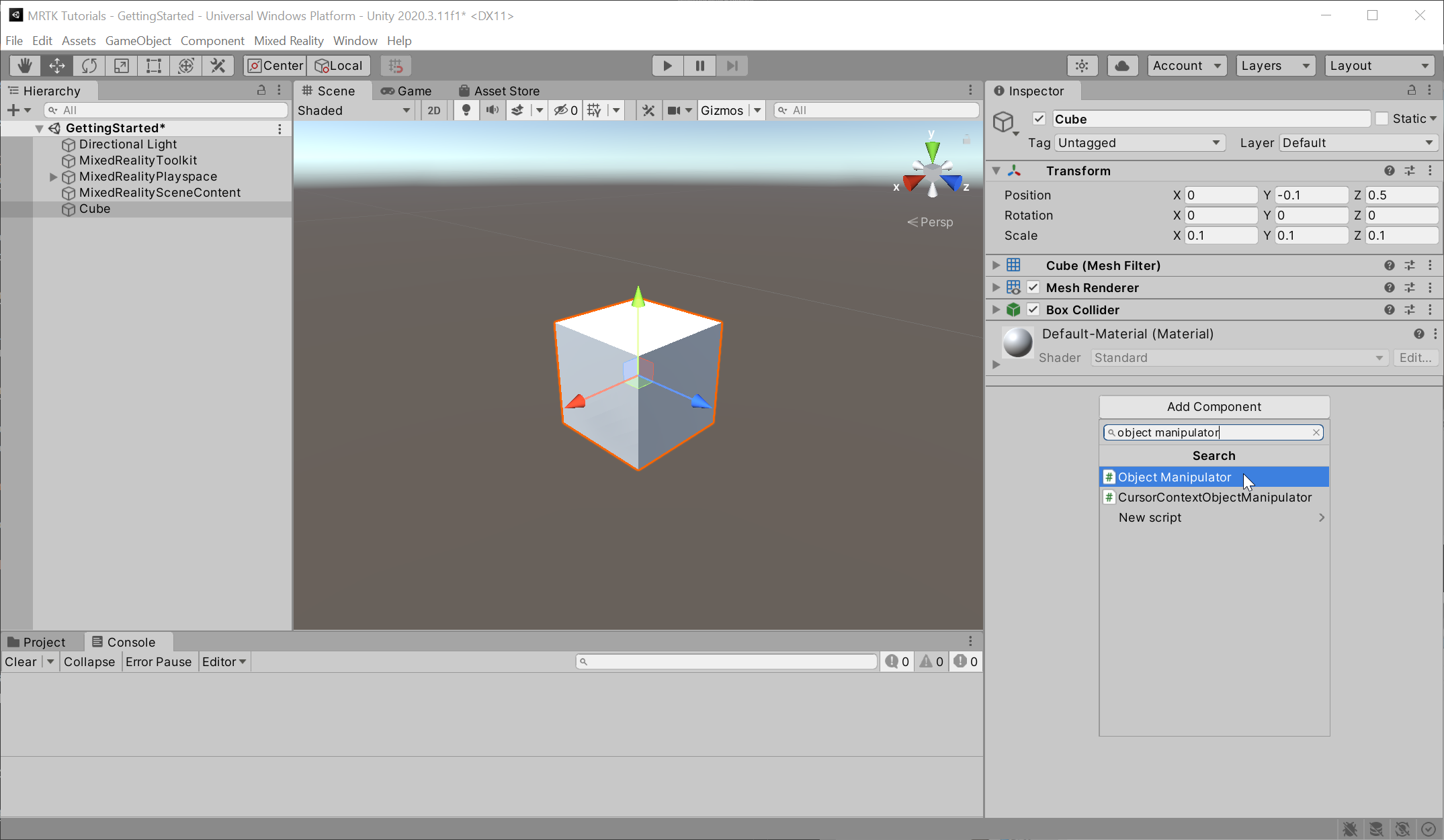 Screenshot of Adding the object manipulator.