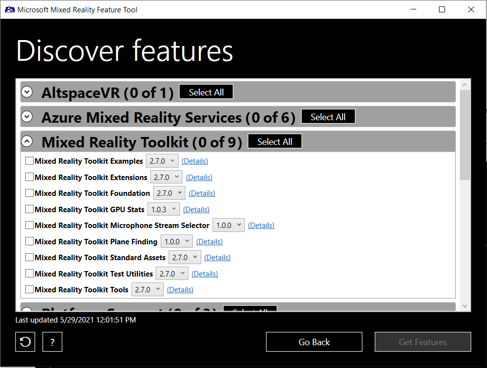Screenshot of MixedRealityFeatureTool Discover Features.