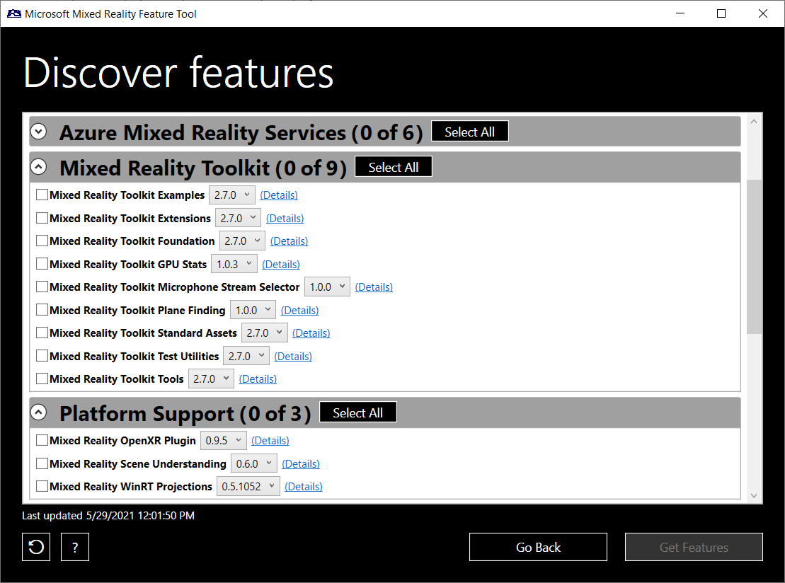Screenshot of MixedRealityFeatureTool Discover Features.