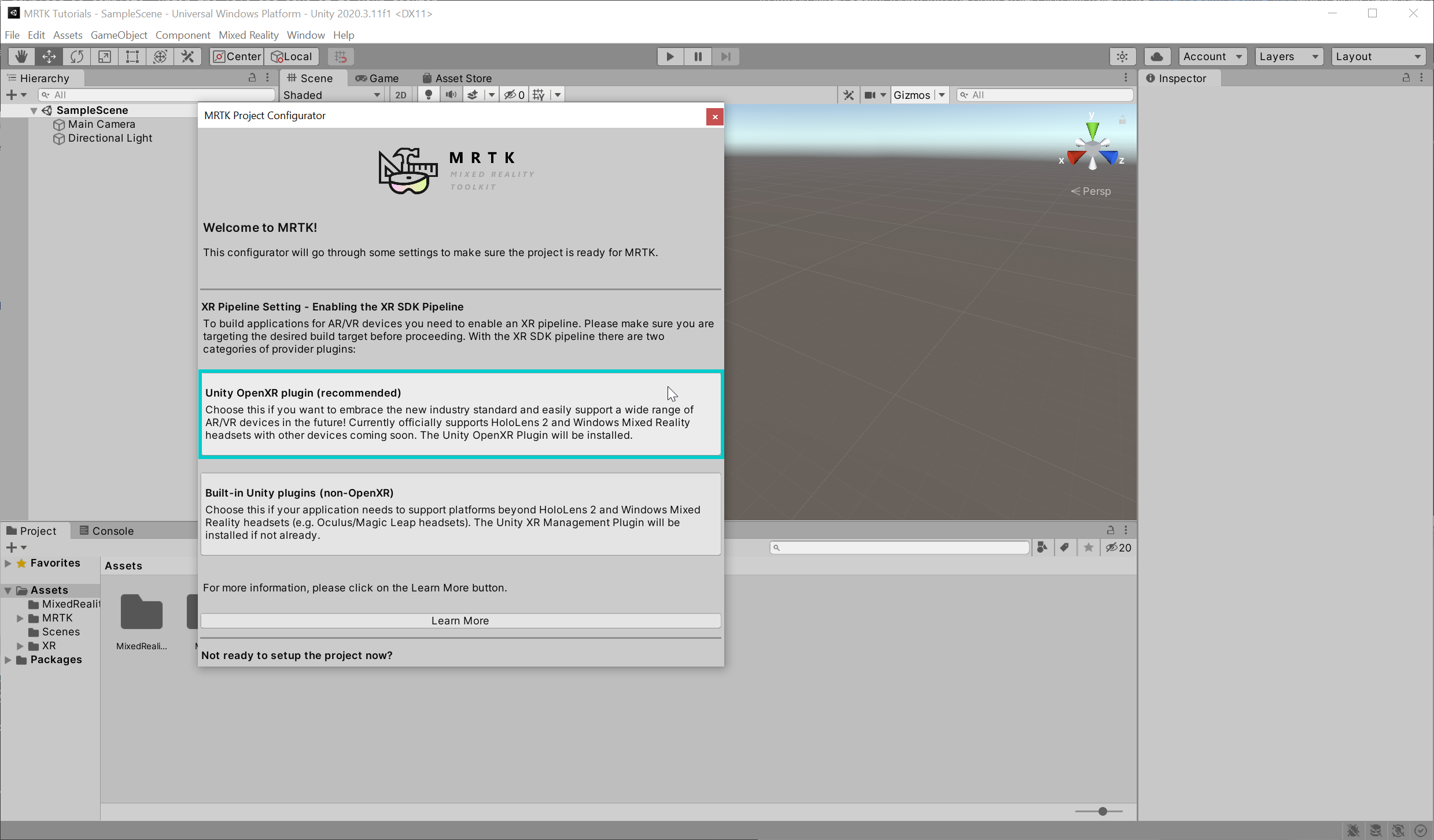 Screenshot of Add Unity OpenXR Plugin.