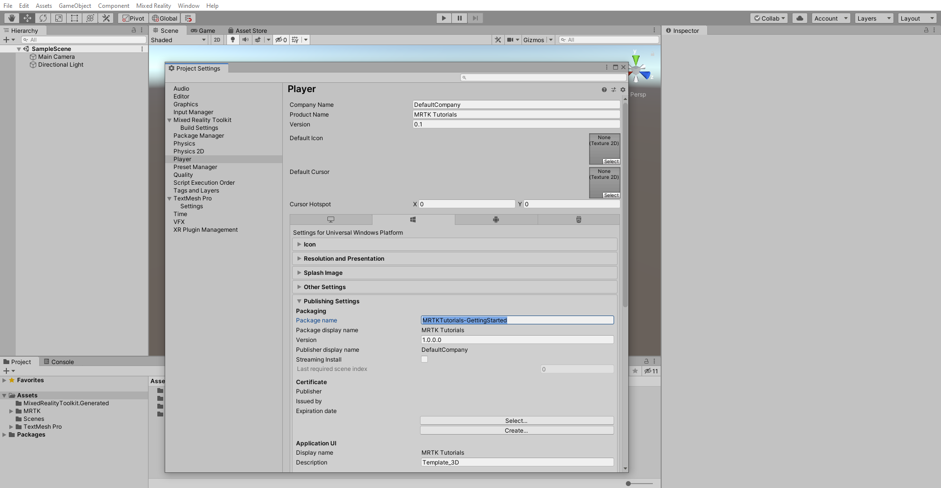 Screenshot of Unity Publishing Settings with package name configured.