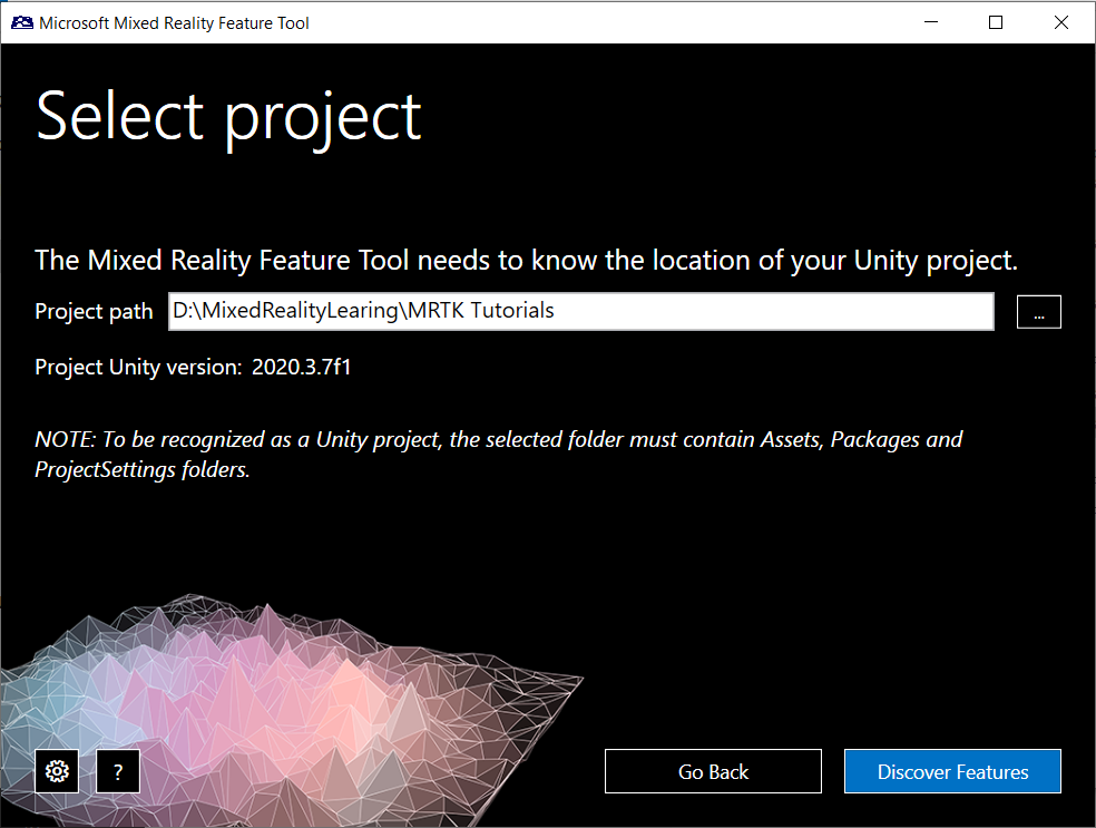 Screenshot of Adding Unity Path for MixedRealityFeatureTool.