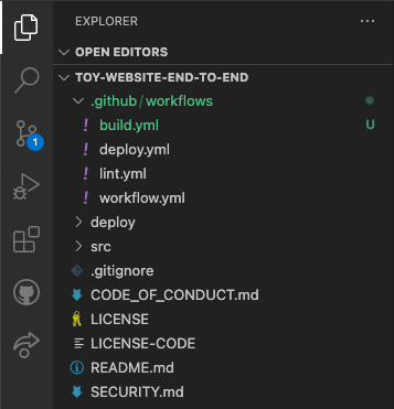 Screenshot of Visual Studio Code Explorer, with the dot github and workflows folders and the build dot YML file shown.