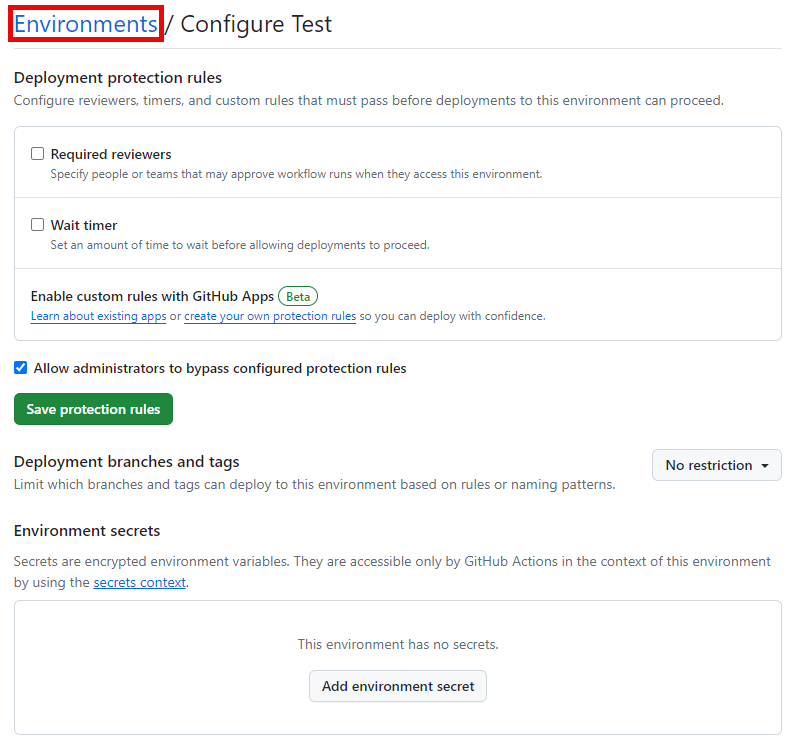 Screenshot of the GitHub page for a new environment named Test, with the Environment link.