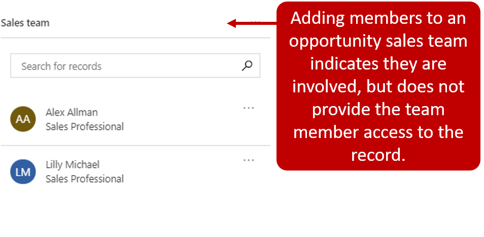 Adding members to an opportunity sales team indicates that they are involved, but doesn't provide the team member access to the record.
