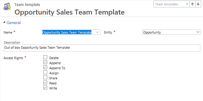 Opportunity sales team template includes Name, table, Description, and Access Rights columns.