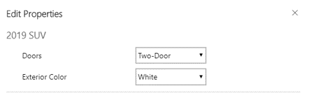 Edit Properties dialog box for 2019 SUV with options for Doors and Exterior color.