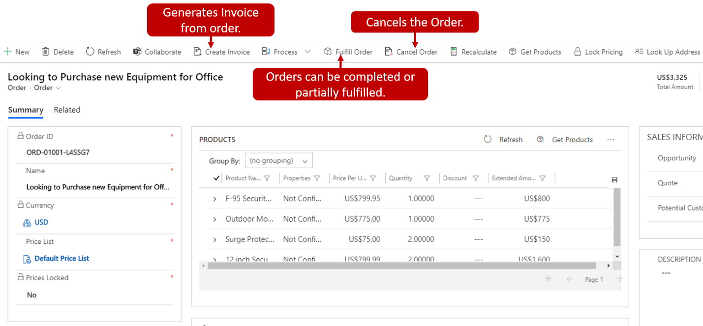 Captura de pantalla de la pantalla de gestión de pedidos