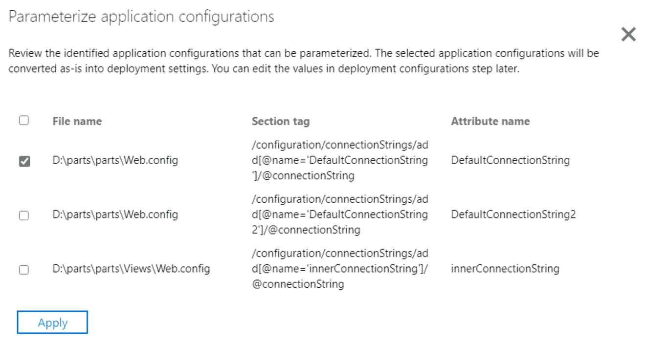 Screenshot of the app configuration parameterization for the ASP.NET application.