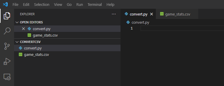 Screenshot of Visual Studio Code showing only File Explorer with two files and a portion of the editor pane with an empty Python file.