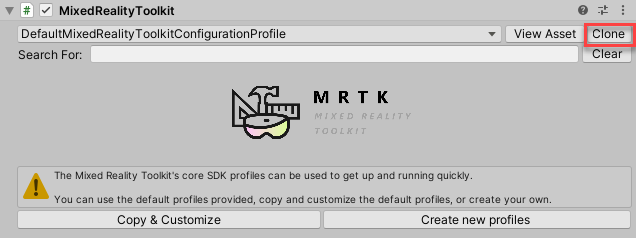 Screenshot of  the Mixed Reality Toolkit parameters for the Configuration Profile. The default mixed reality toolkit configuration profile is selected. The clone button is highlighted.