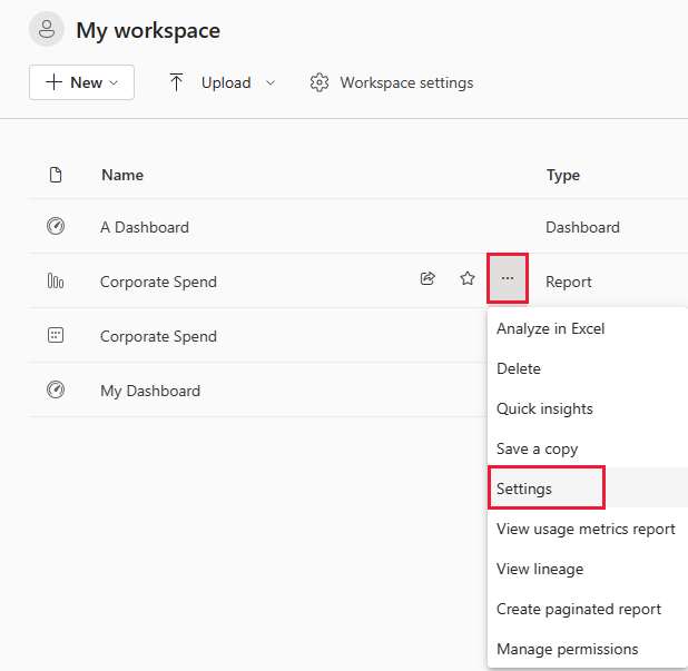 Screenshot shows the context menu for a report where you can select Settings.