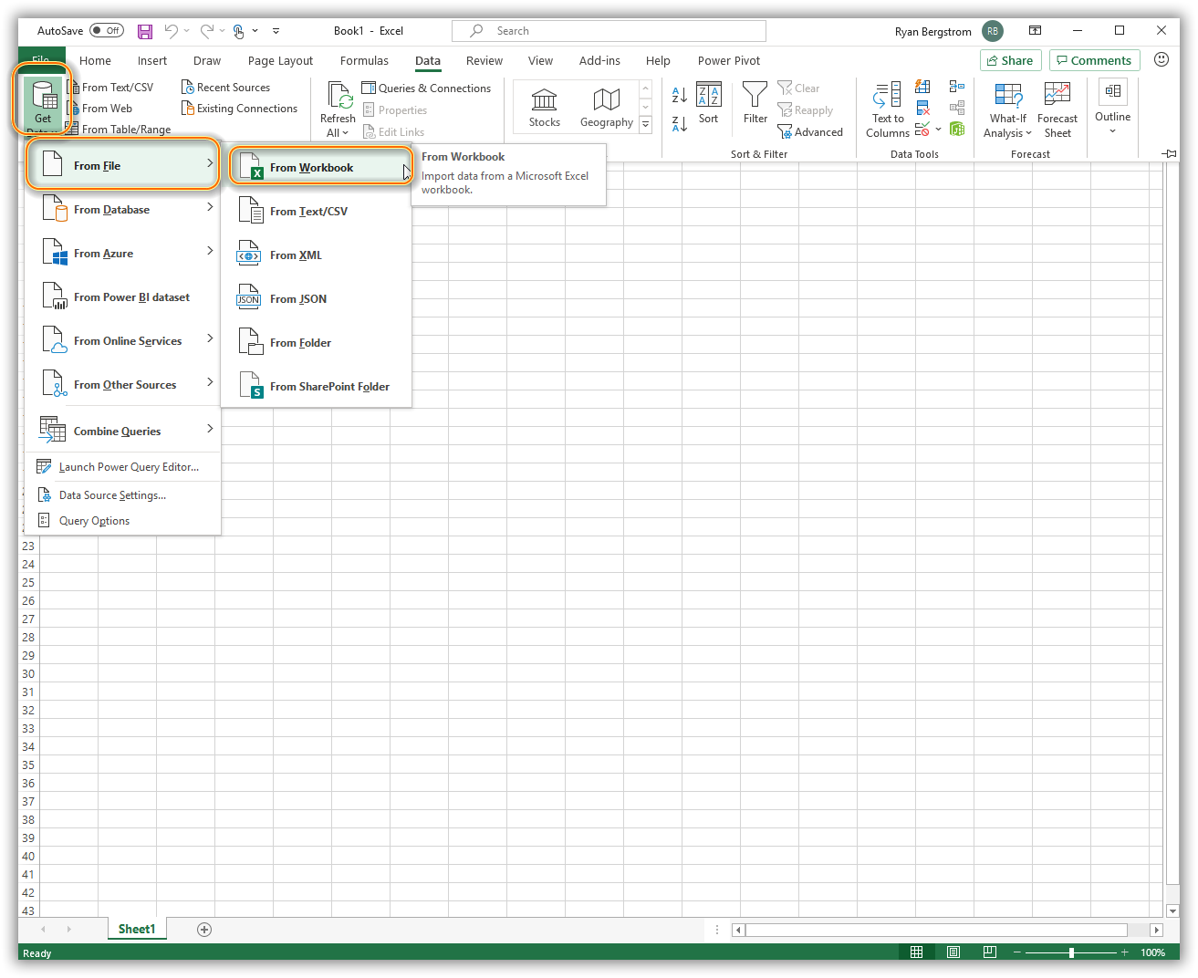 Screenshot of the get data menu with from file workbook selected.