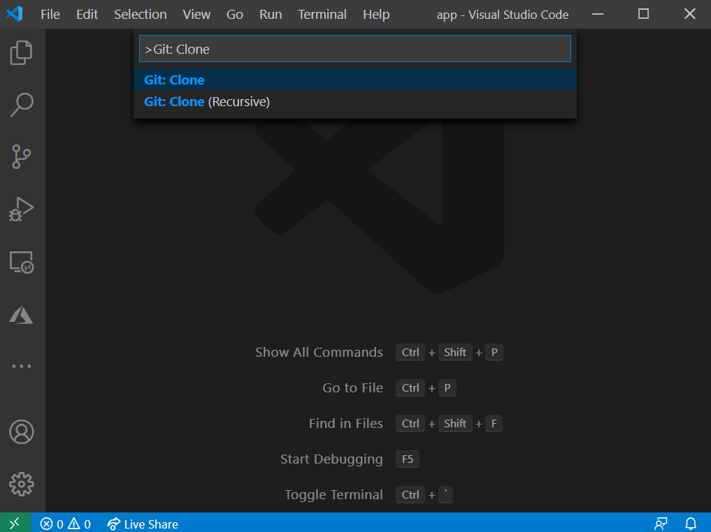 Screenshot that shows the clone repository menu item in Visual Studio Code.