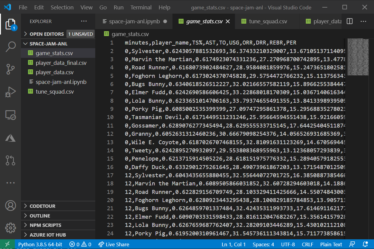 Screenshot that shows the game stats C S V file in Visual Studio Code Explorer.