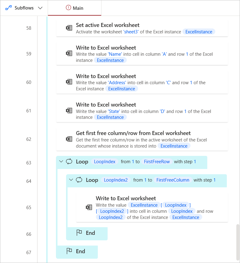 Screenshot of the workspace with a number of actions and nested loops.