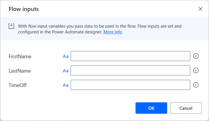 Screenshot of the Flow inputs variables dialog.