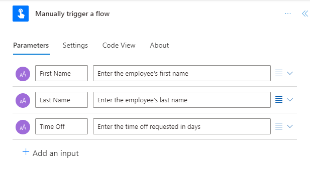 Screenshot of the Manually trigger a flow dialog with the parameters set.