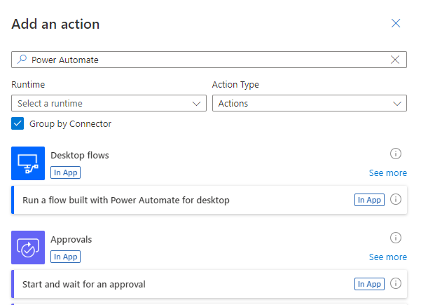 Screenshot of the Run a flow built with Power Automate for desktop action.