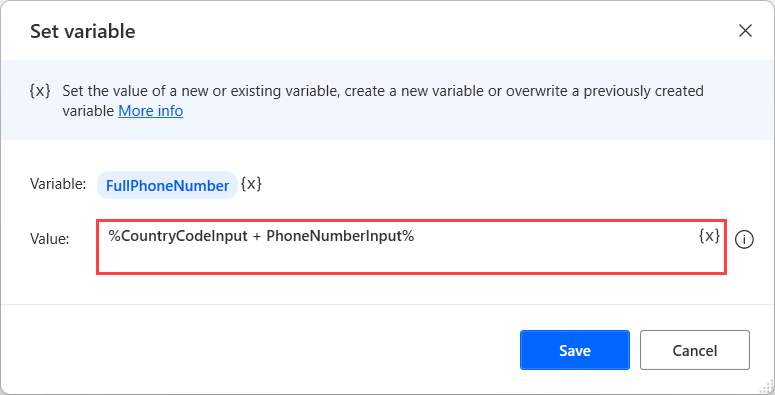 Screenshot of the Set variable action containing the full phone number.