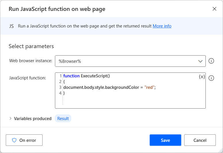 Screenshot of the Run JavaScript function on web page action.