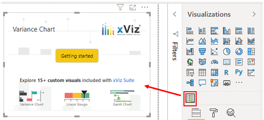 Screenshot of adding a variance chart custom visual to report.