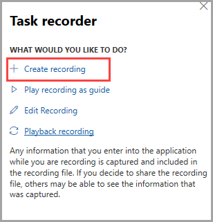 Screenshot of the Create recording in the task recorder menu.