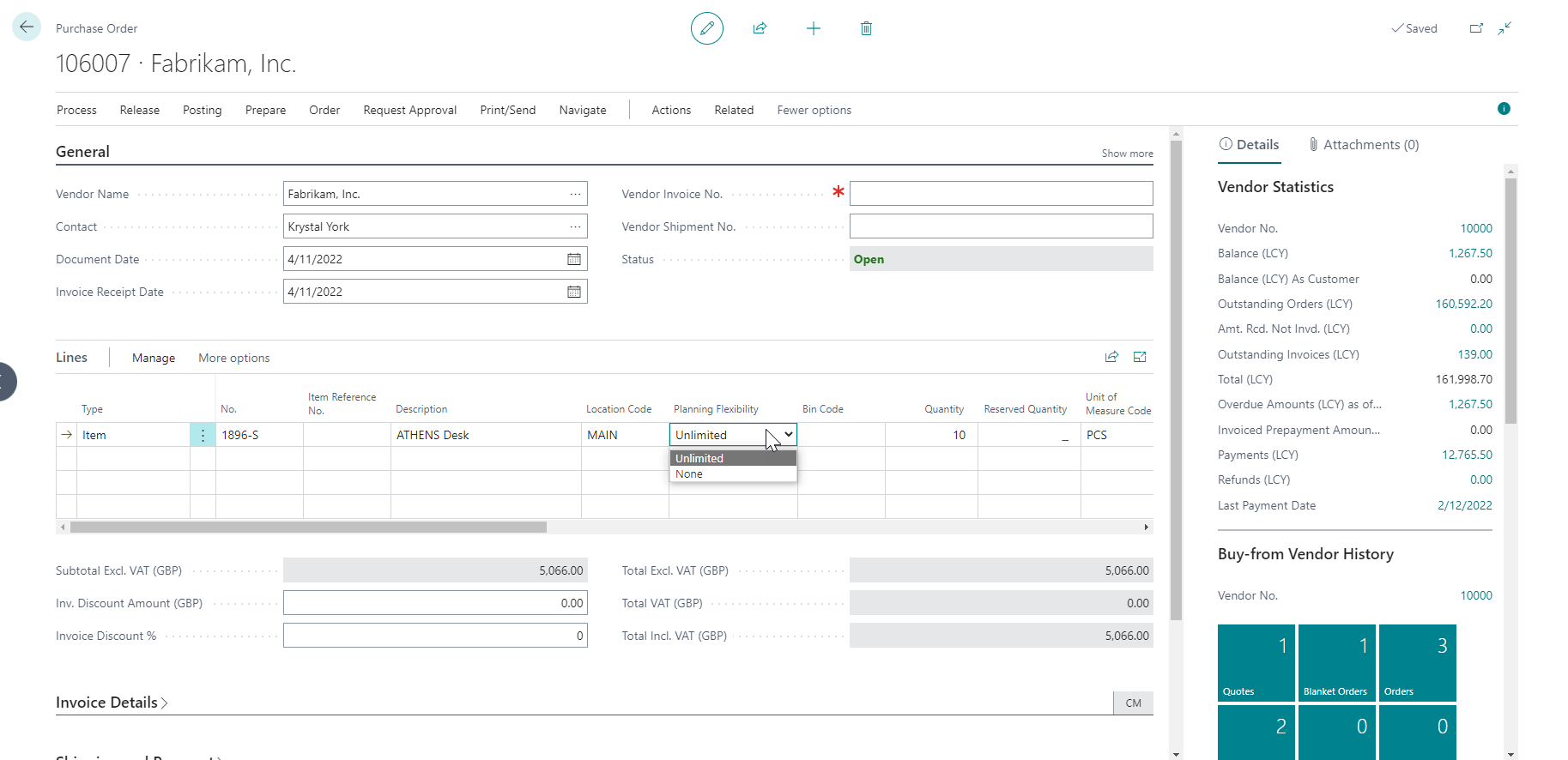 Screenshot of Planning Flexibility field on the Purchase Order.
