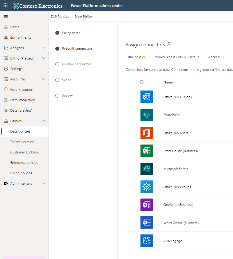 Screenshot of Microsoft Power Platform admin center with added connectors.