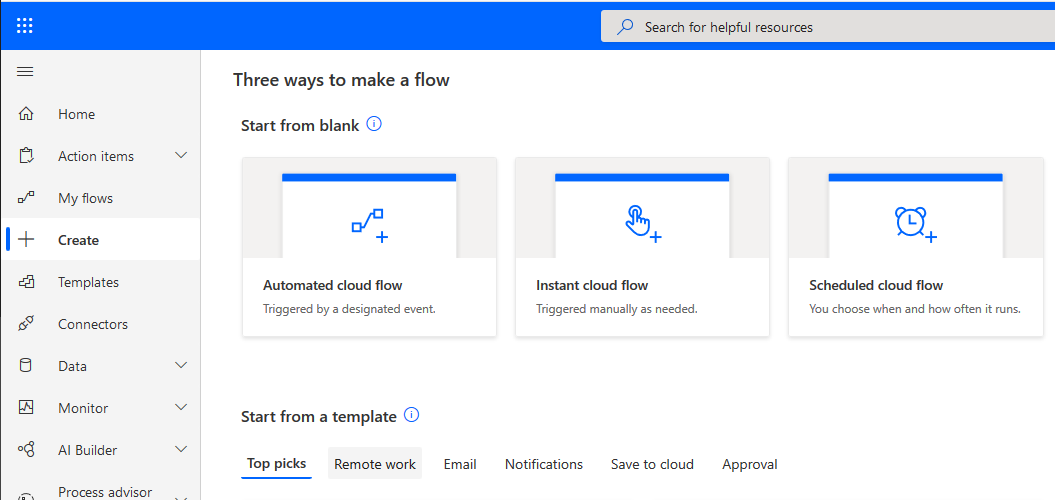 Screenshot of the create page showing three ways to make a flow.