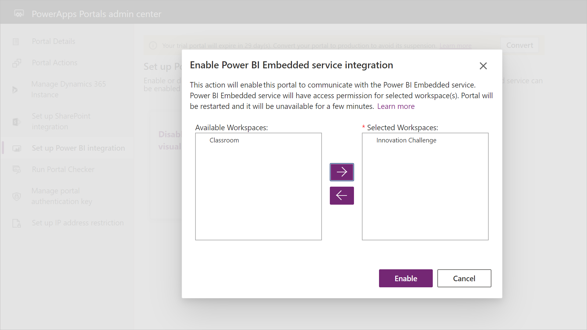 Screenshot of the Enable Power BI Embedded service integration window.