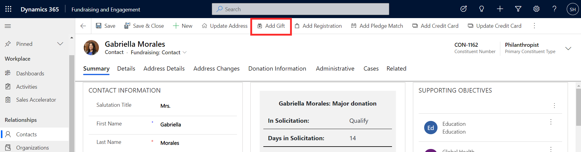 Screenshot of Dynamics 365 Fundraising and Engagement Contacts with the Add Gift button highlighted.