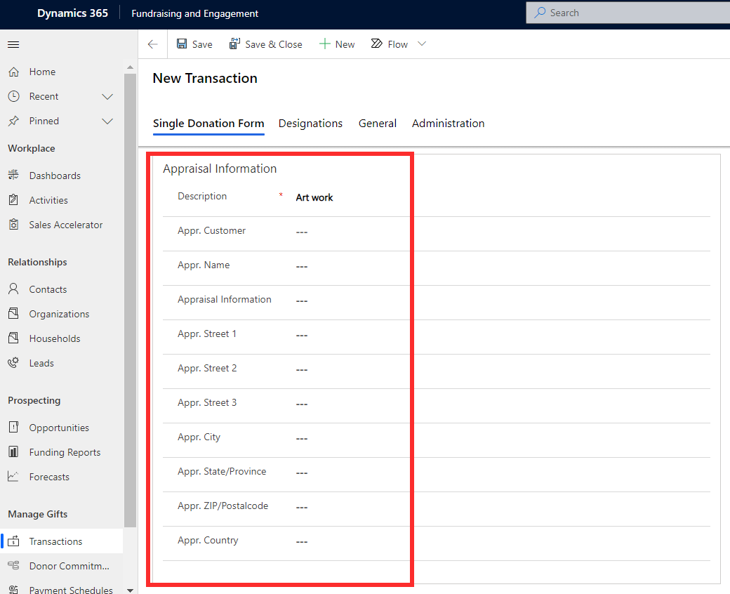Screenshot of Dynamics 365 Fundraising and Engagement showing appraisal information.