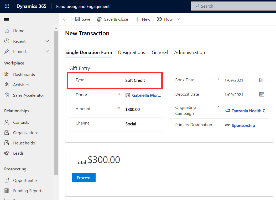 Screenshot of Dynamics 365 Fundraising and Engagement with the gift type set to Soft Credit.