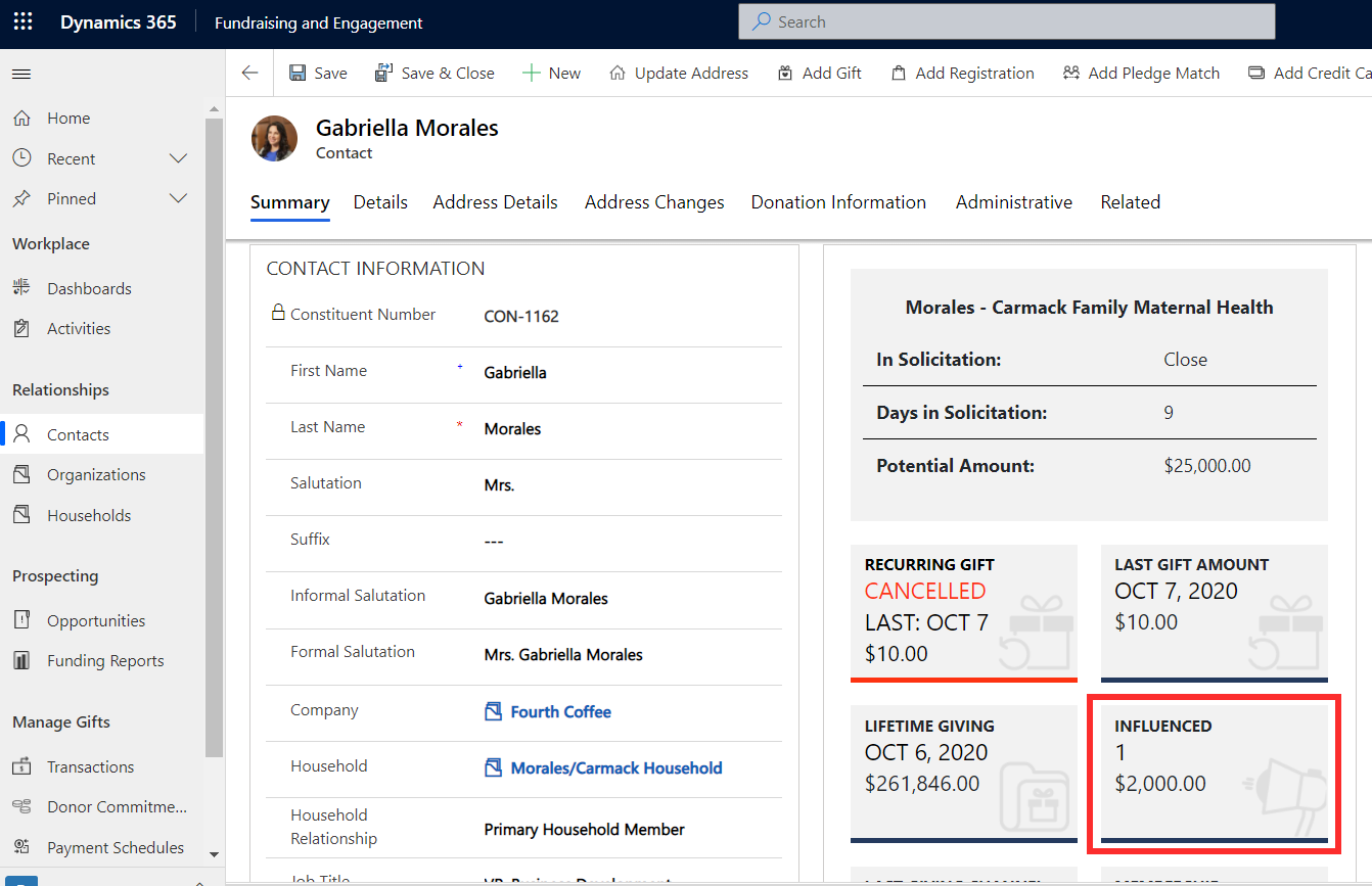 Screenshot of Dynamics 365 Fundraising and Engagement with the Influenced tile highlighted.
