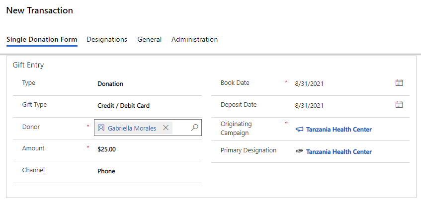 Screenshot of the single donation form filled out for a credit card donation.