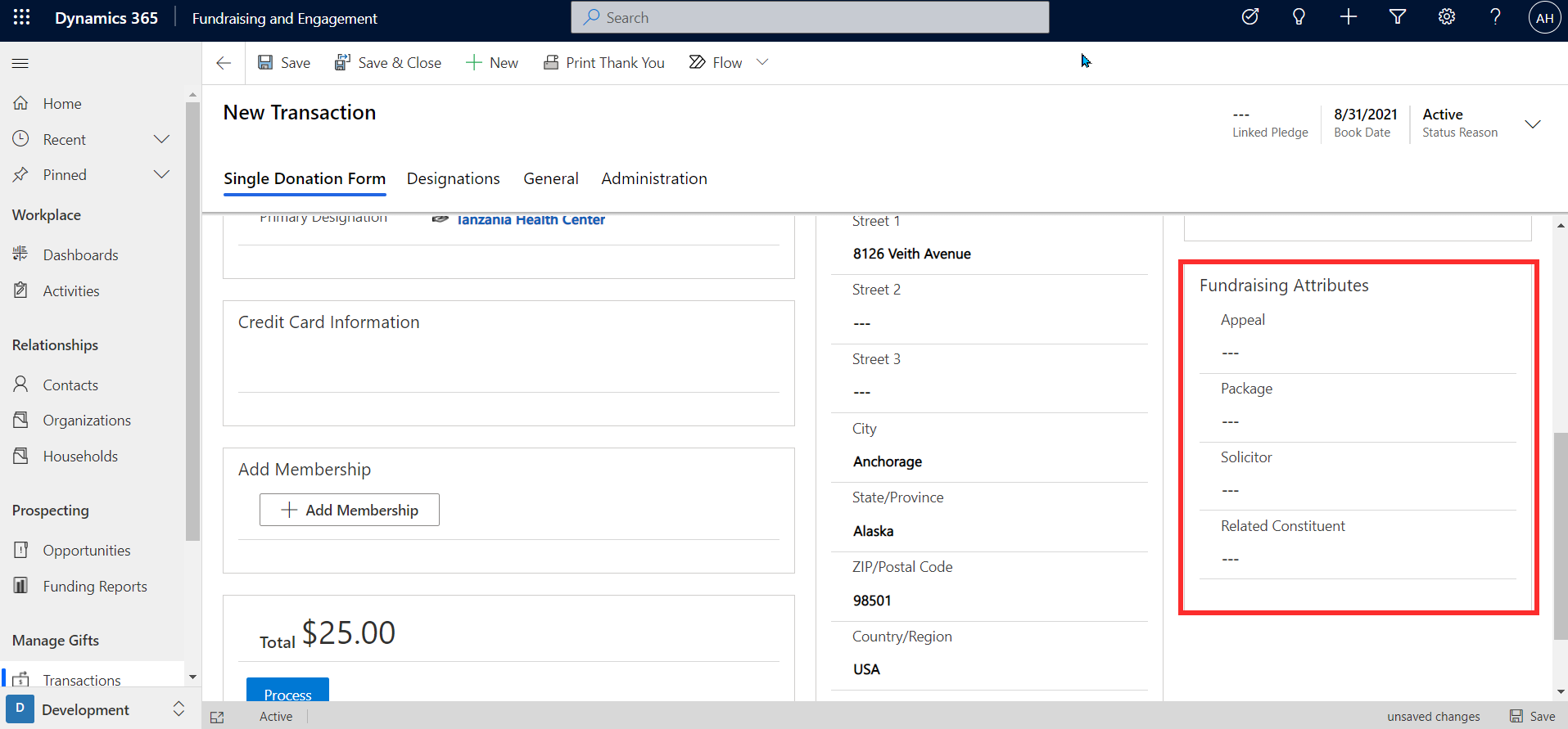 Screenshot of Dynamics 365 Fundraising and Engagement with the Fundraising Attributes section highlighted.