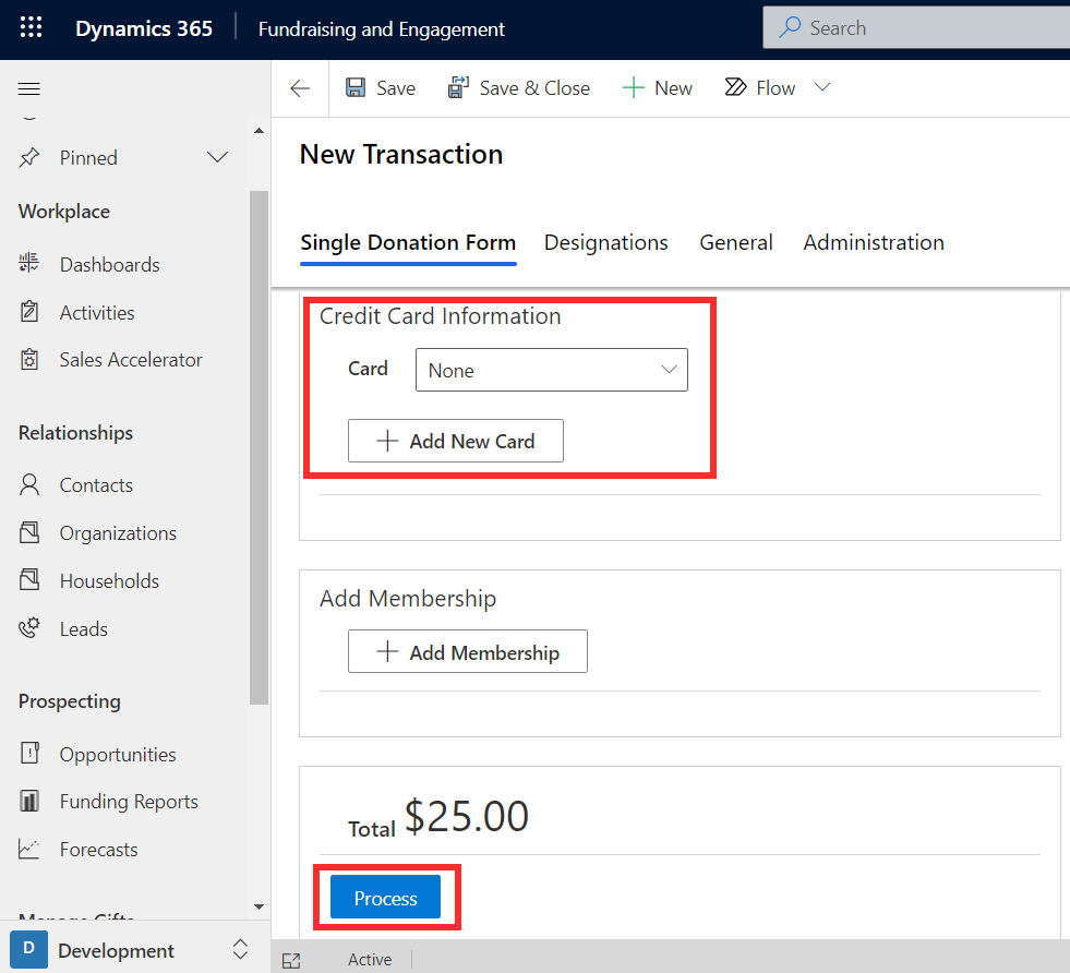 Screenshot of Dynamics 365 Fundraising and Engagement with credit card information and the process button highlighted.