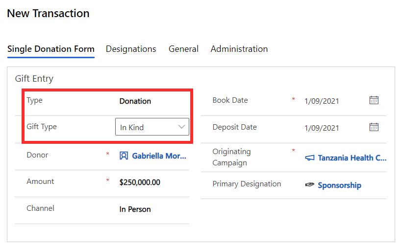 Screenshot of Dynamics 365 Fundraising and Engagement showing gift type set to In Kind.