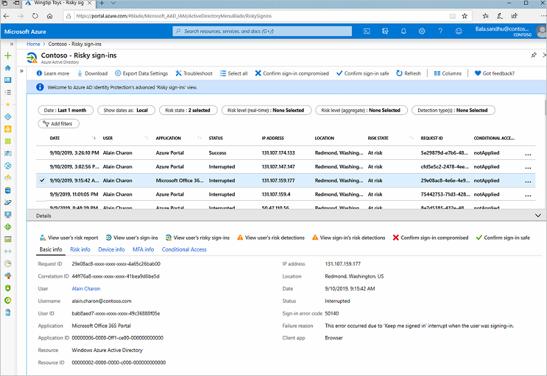 Screenshot of a risky sign-ins report in the Azure portal.