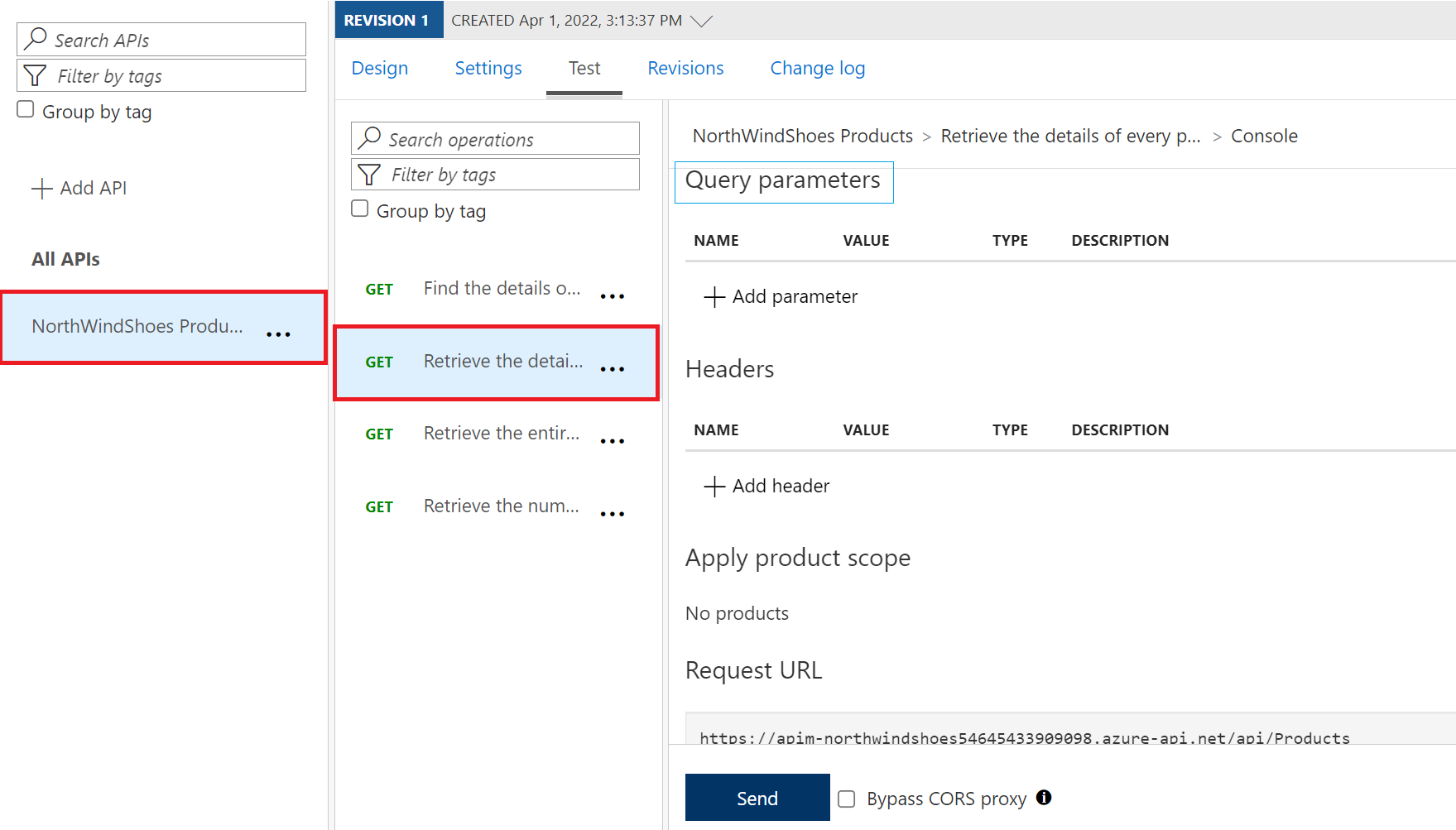 Screenshot of Azure portal API configuration showing a highlighted GET request test on an imported API.