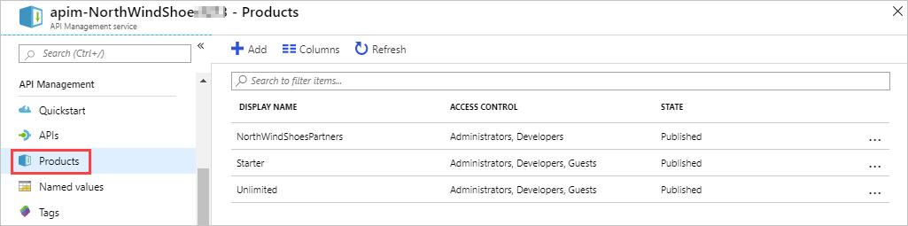 Screenshot of Azure portal showing API Management with products section highlighted.
