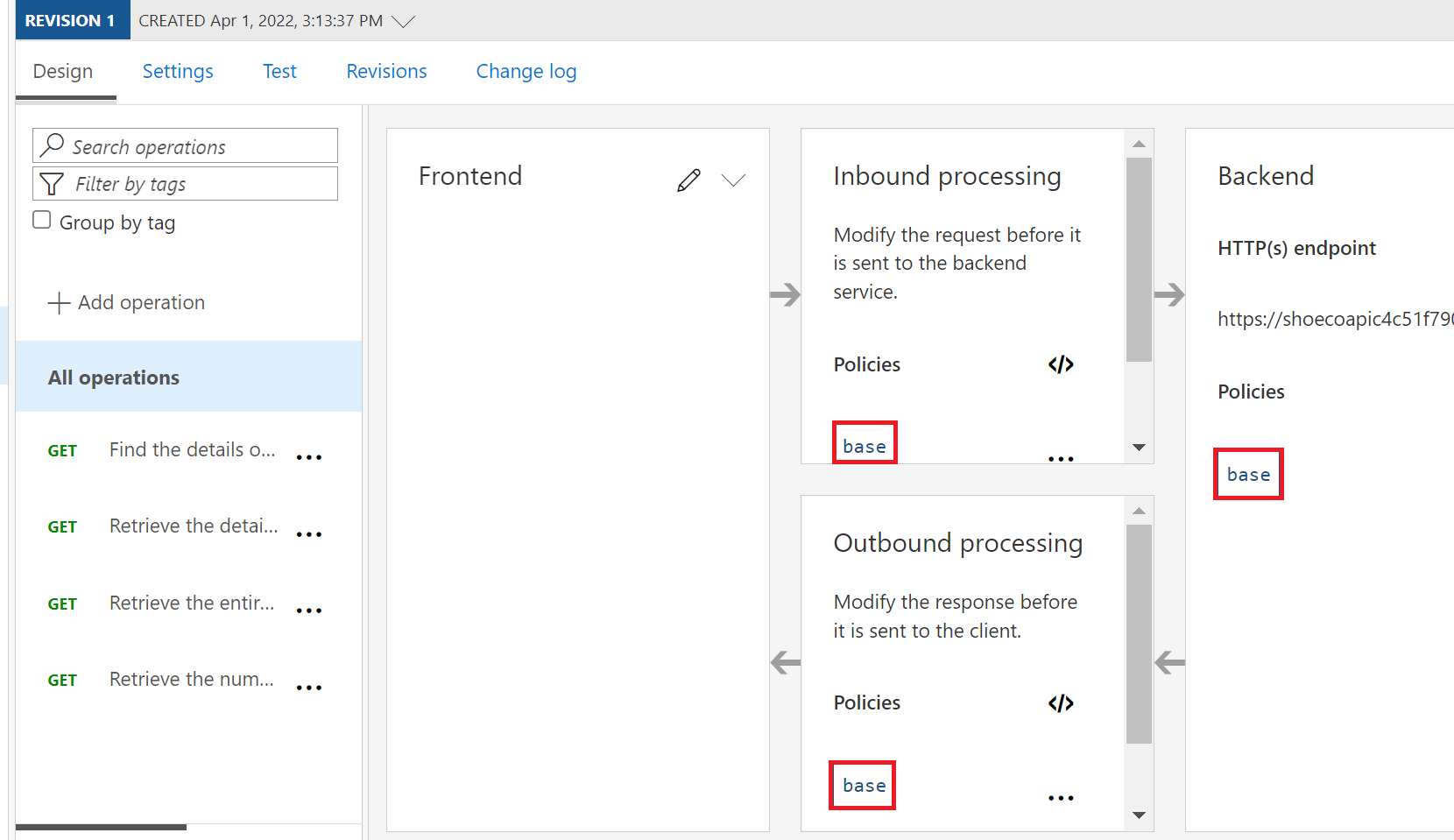 Screenshot of Azure portal showing API configuration for all operations with base policies highlighted for inbound, outbound, and backend sections.