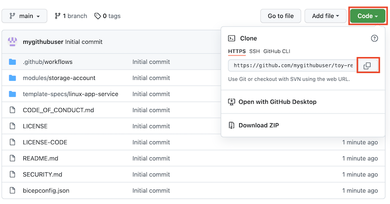 Screenshot of the GitHub interface that shows the new repository, with the repository U R L copy button highlighted.