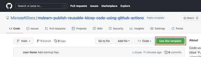 Screenshot of the GitHub interface that shows the template repo, with the button for using the template highlighted.